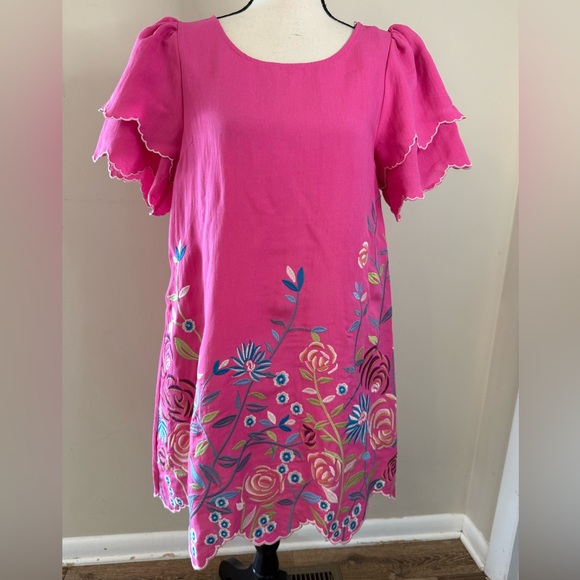 Umgee pink floral embroidered shift dress with pockets SZ SM - Picture 5 of 16
